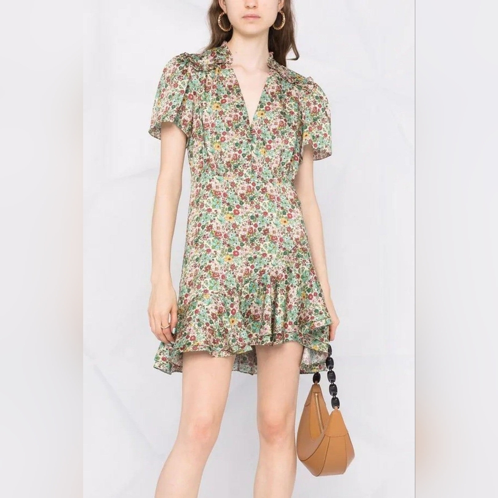 Sandro Green Floral Ruffle Dress With Assymetric Skirt Size EU 38- US 6